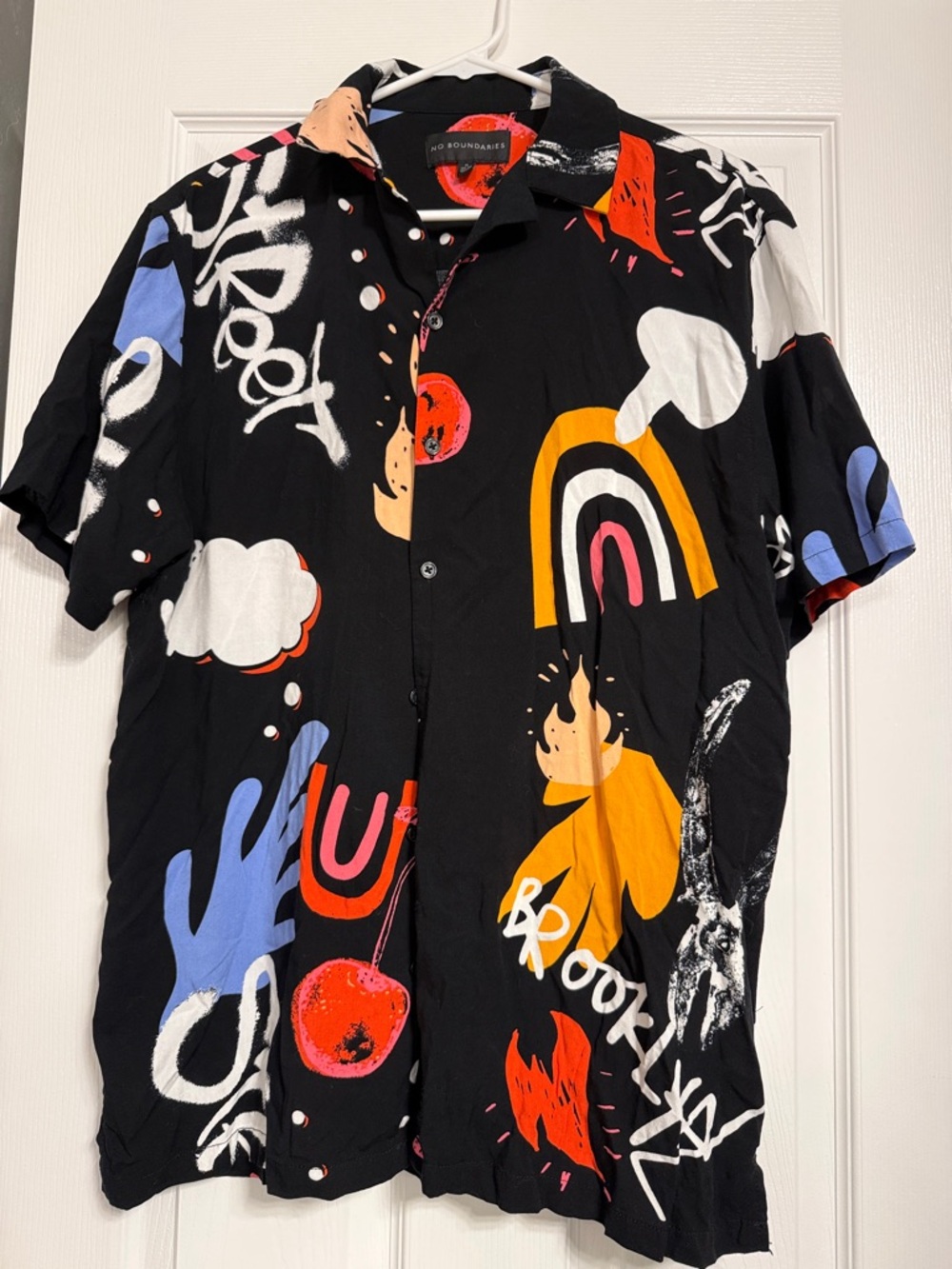 No Boundaries Black Short-Sleeve Button-Up Shirt with Multicolor Graphic Prints